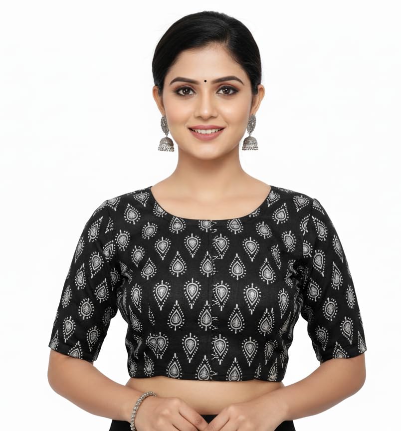 Black Printed Pure Cotton Readymade Saree Blouse for Women | Front Hook Closure | Short Sleeves | Ethnic Traditional Blouse | Sizes 32-42 | Comfortable Fit | Party-image-0