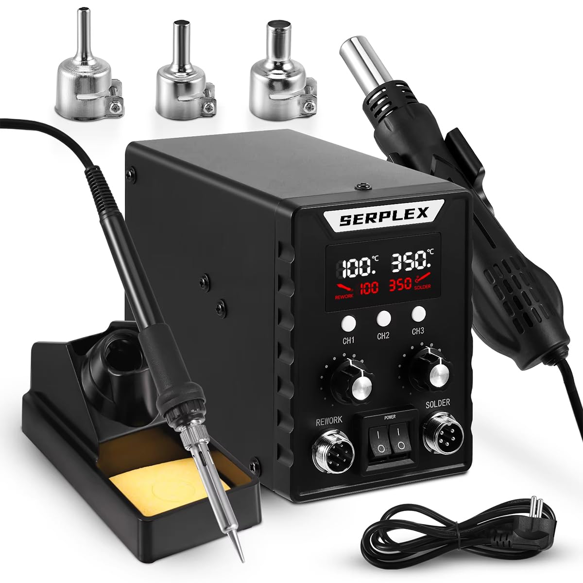 Serplex® 2 in 1 Hot Wind Gun Solder Iron SMD Rework Soldering Station Kit 700W/220V Tabletop Hot Wind Gun Tin Solder Iron Working Station Adjustable Soldering Station with Dual LCD Digital Display-image-7