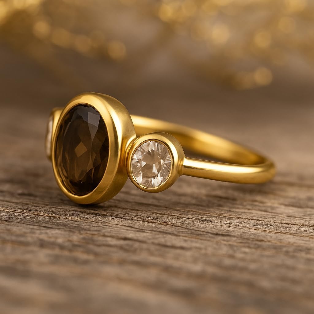 Oval Cut Smoky Quartz Three Stone Engagement Ring 14K Yellow Gold Bezel Set White CZ Accents Minimalist Vintage-Inspired Jewelry Gift For Her