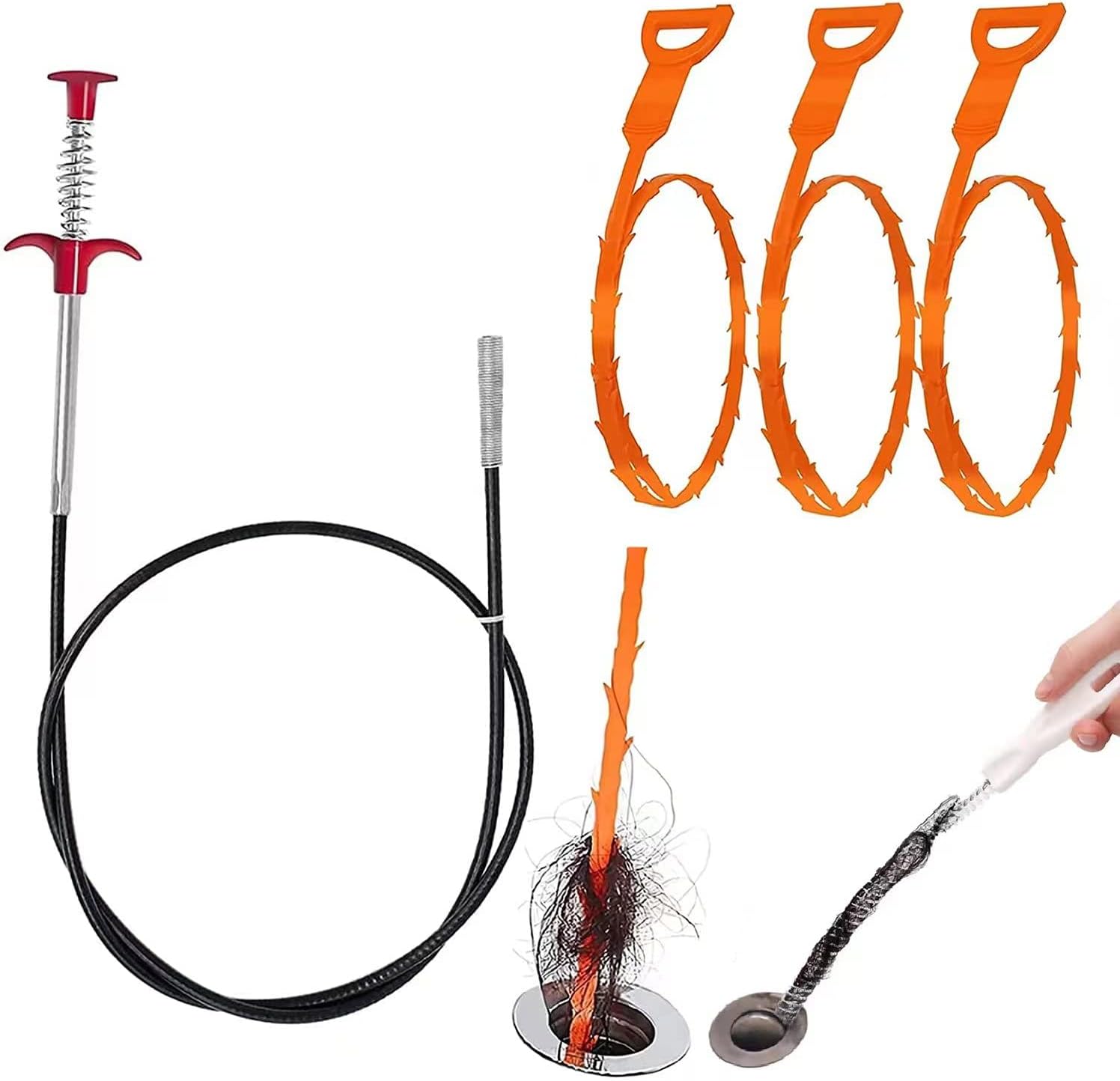 Founder 63 Inch Drain Clog Remover Tool, 4 Pack, Stainless Steel, Silver, Combination Drain Cleaner