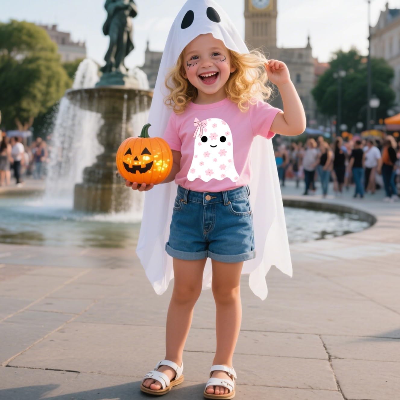 Halloween T-Shirts for Toddler Girls Short Sleeve Crew Neck Flower Ghost Pumpkin Bowknot Tees Tops 2-7 Years - Image 5