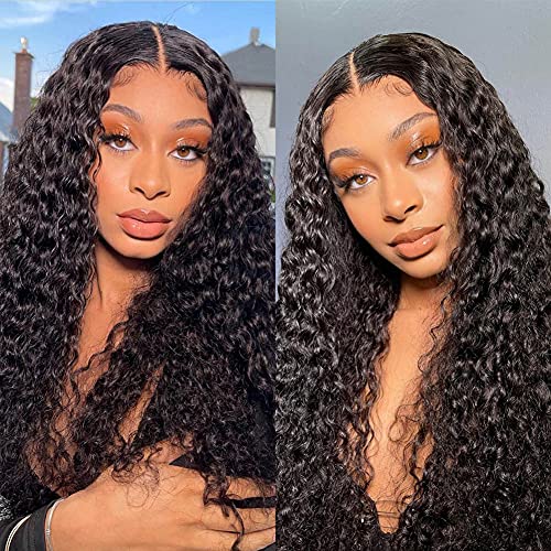 Lace Front Wigs Human Hair Deep Wave Lace Closure Wigs, 150% Density Brazilian Virgin Human Hair Wigs Pre Plucked with Baby Hair for Black Women Natural Color (22inch)