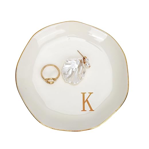 FUNARTY Ceramic Jewelry Tray, Ring Dish for Women, Ceramic Initials Jewelry Dish for Necklaces Bracelet Watch Keys, Aesthetic Room Decor Birthday Mother's Day Christmas Gift for Women (Rose Gold K)