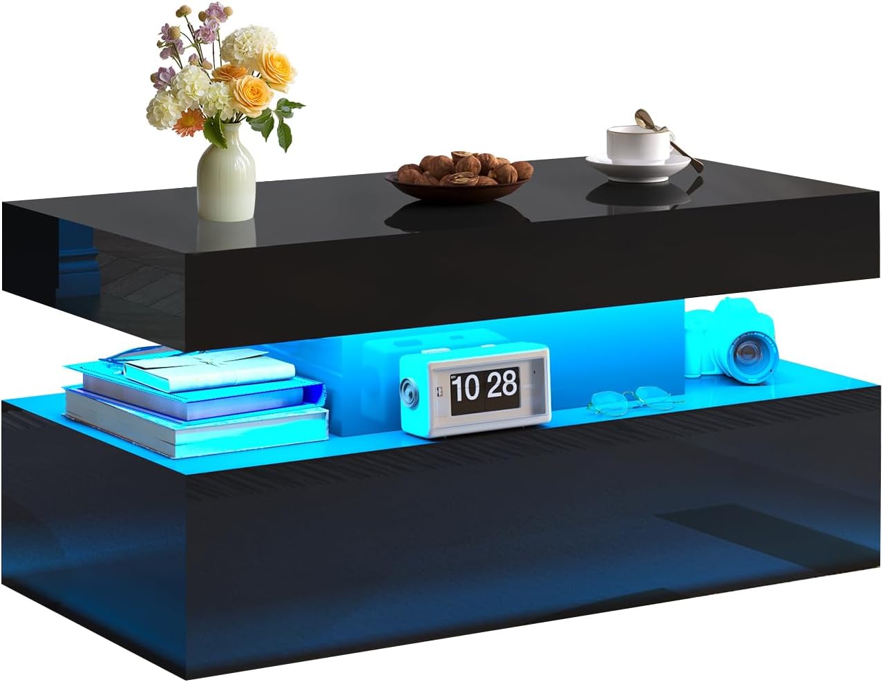 Coffee Table with LED Light, Modern High Gloss Finish Center Table with 2-Tier Storage Space, Minimalist Coffee Table for Living Room, Office, Black