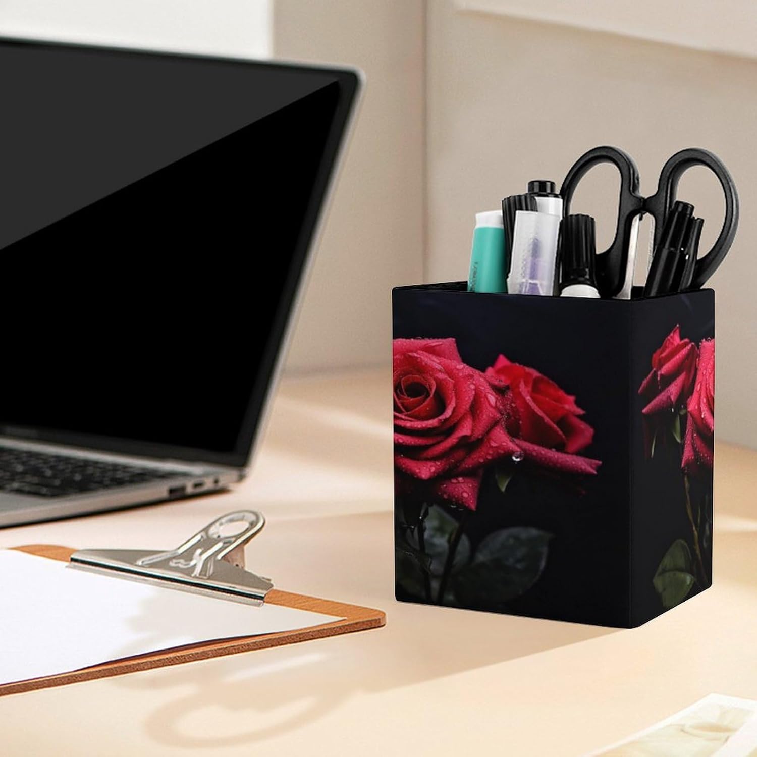 Red Rose Leaves Pen Holder Square Desk Organizer for Office Studio image 5