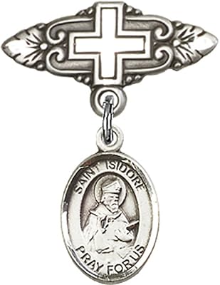 Sterling Silver Baby Badge with St. Isidore of Seville Charm and Badge Pin with Cross 1 X 3/4 inches