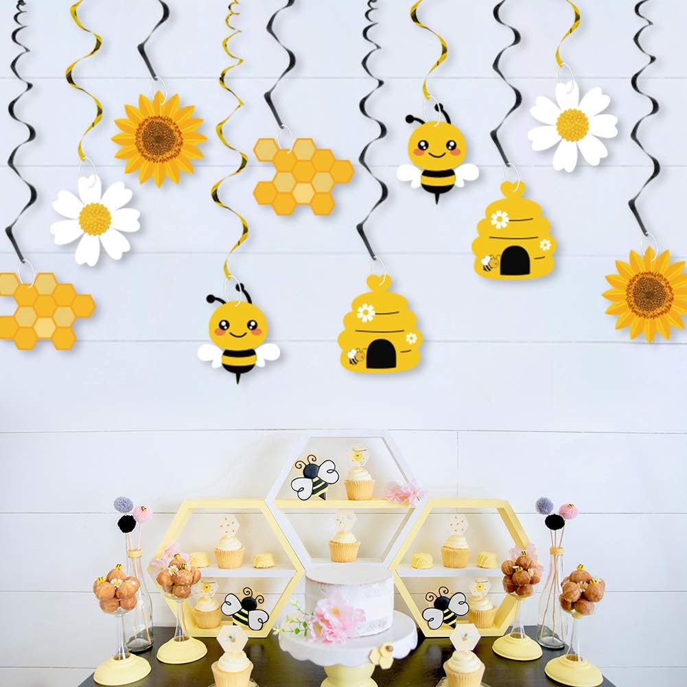 20PCS Bumble Bee Hanging Swirl Decorations, Bee Party Hanging Swirls Foil Ceiling Streamers Honey Bee Themed Party Supplies for Birthday Baby Shower Gender Reveal Bee Party Decoration