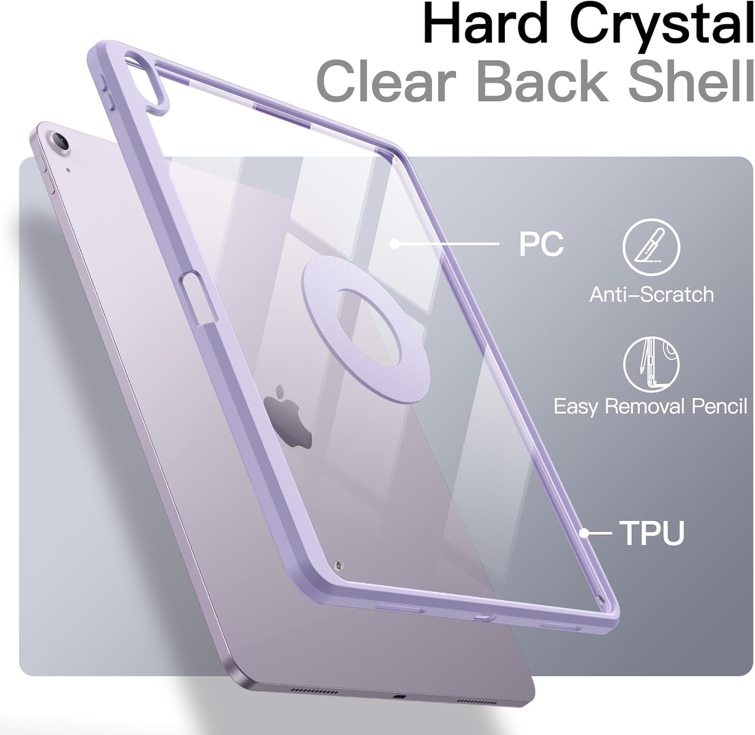 JETech Magnetic Detachable Case for iPad Air 13-Inch M4/M3/M2 (2026/2025/2024) with Pencil Holder, Removable Rotating Clear Cover, Portrait/Landscape Stand with Raised Screen View (Purple)