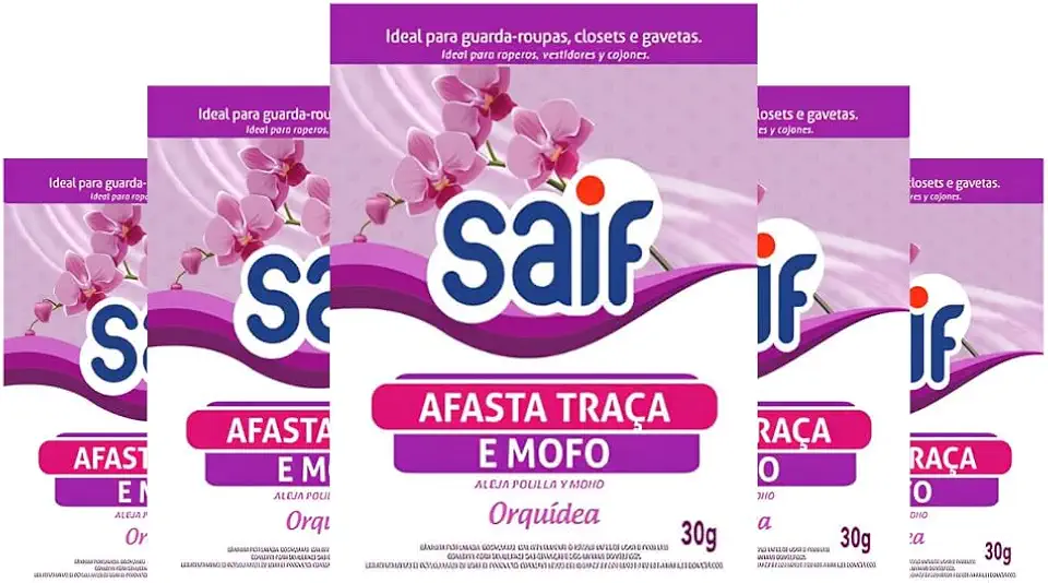 Afasta Traça e Mofo Orquídea Saif 30g - Antimofo Antitraça para Guarda-Roupas Closets e Armários Perfumado - Kit com 5 Unidades