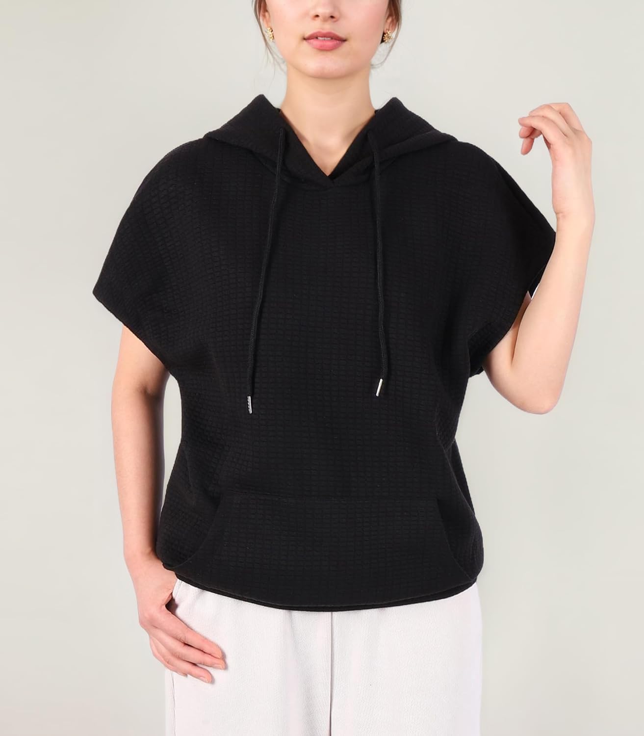 Womens Hoodies Casual Short Sleeve Drawstring Waffle Pullover Tops Loose Sweatshirt with Pocket - Image 4