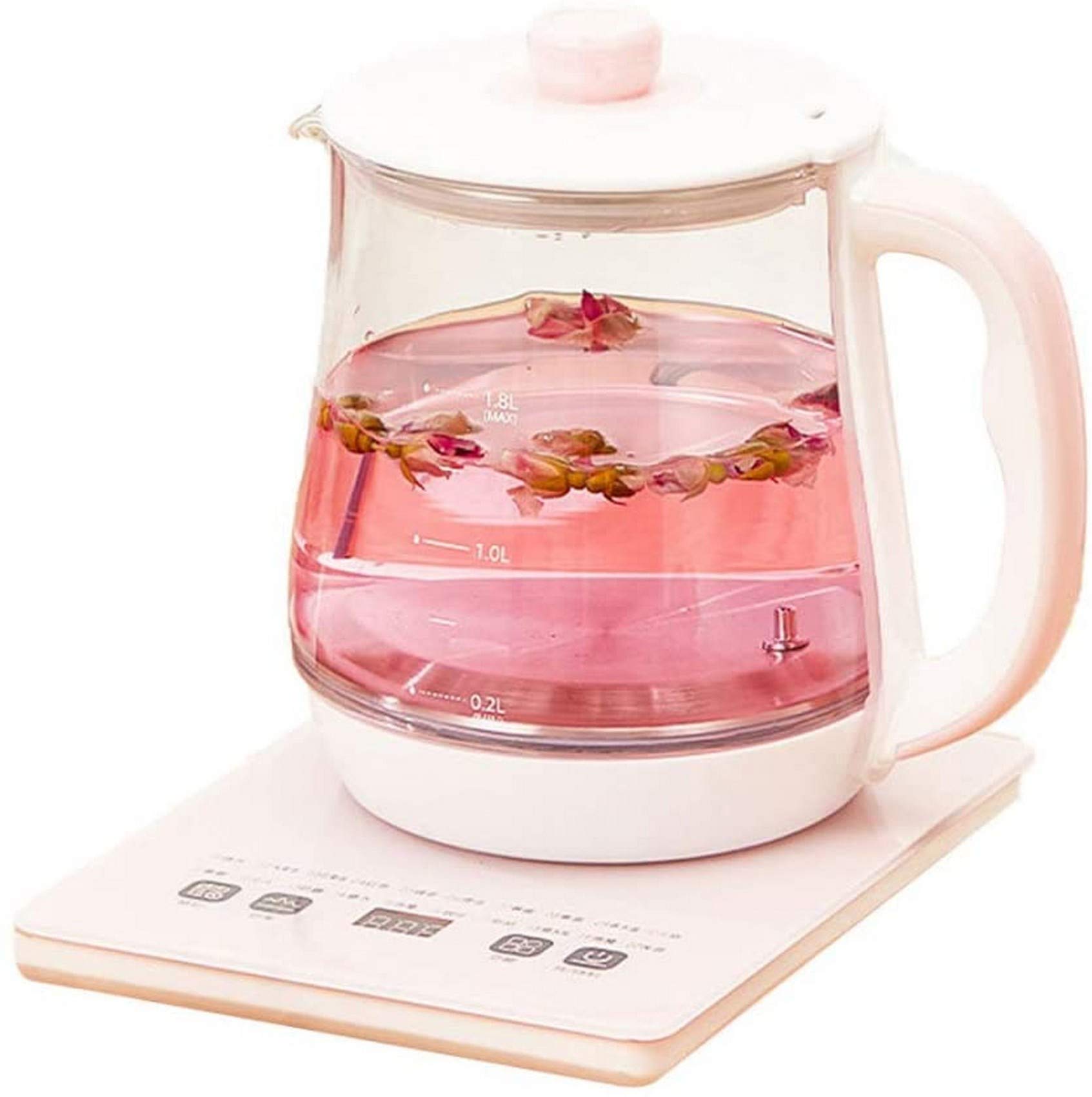 Teteras, Tetera Eléctrica, 1.8L de Té Eléctrico de Vidrio con Filtro, Tetera Inalámbrica con Control de Temperatura, Apagado Automático Y Protección Seca por Hervir, 800W/Rosado