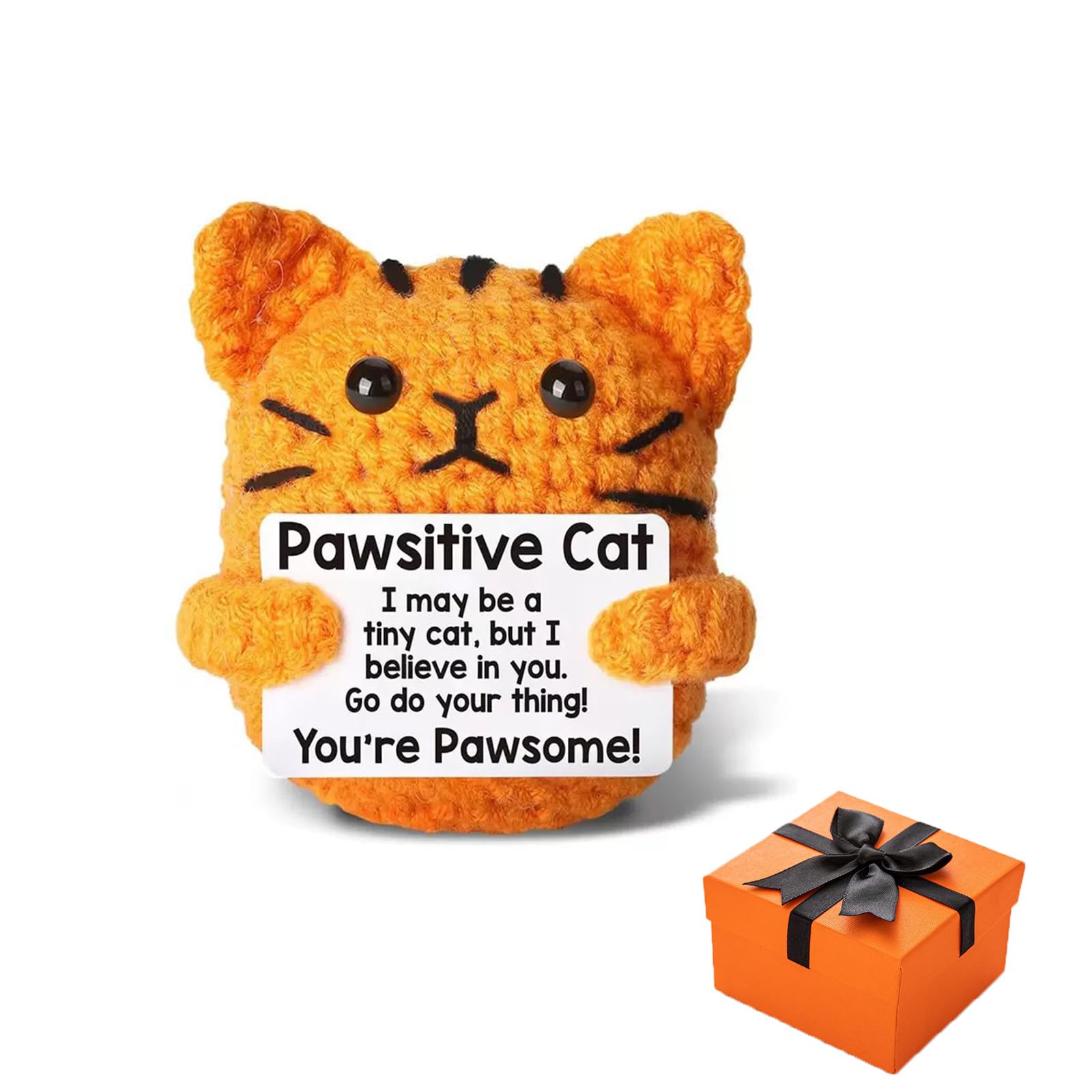 Positive Cat – Handmade Emotional Support Crochet Gift with Inspirational Cards in Gift Box, Pawsitive Knitted Plush Doll for Cat Lovers Women Men, Good Luck Birthday Office Home Desk Present
