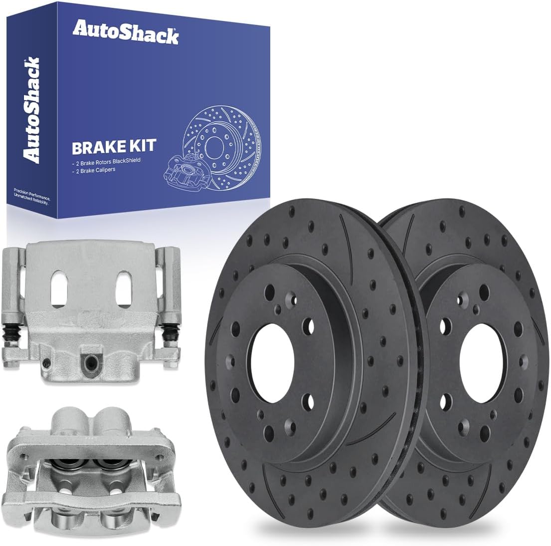 AutoShack Front Brake Rotors & Calipers for Chevrolet, Silverado 1500 2005-2008 - Coated Drilled & Slotted - Black Matte Finish - BlackShield - 12.99" (329.9 mm), 6-Lug