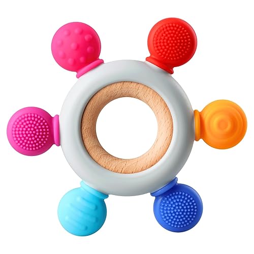 Juguetes de dentición para bebés, mordedores masticables de silicona con anillo de madera para calmar las encías de los bebés, regalo de ducha de