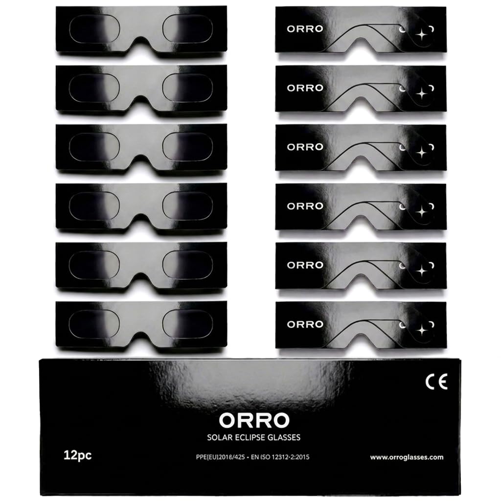 ORRO Gafas para Eclipse Solar de 45 mm, Pack de 2/6/12, Se Ajustan sobre Gafas Graduadas, Protección Ocular Certificada, Ensayadas según EN ISO 12312-2:2015, Marcado CE - Ajuste Edge en oferta en Amazon