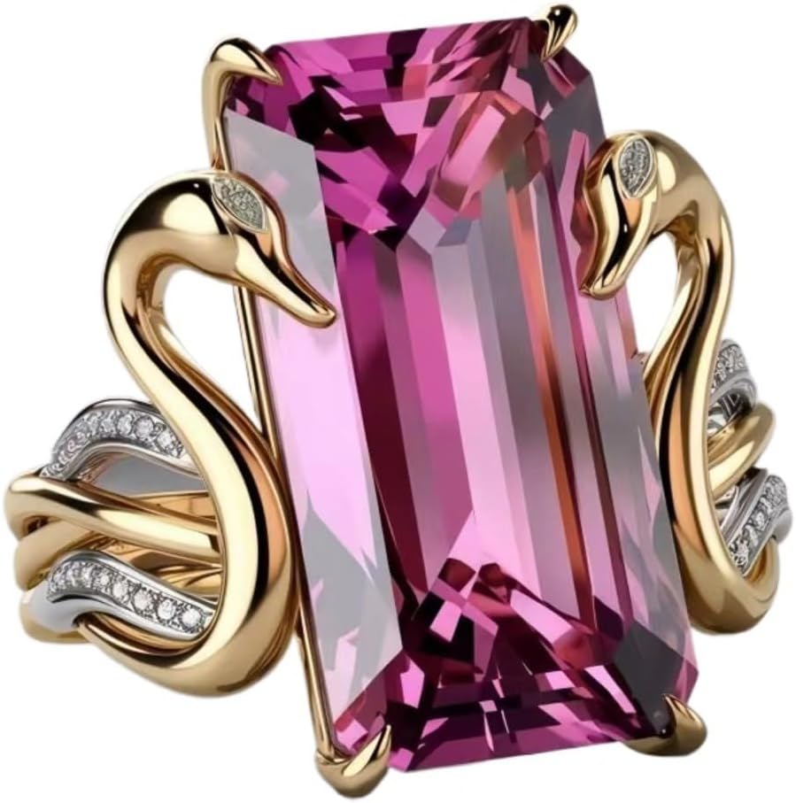 Emerald Cut Ring for Women – 8x6mm Pink Cubic Zirconia Gold Plated Band, Minimalist Niche Statement Jewelry Gift for Her, Birthday & Anniversary Present for Wife, Best Friend or Sister