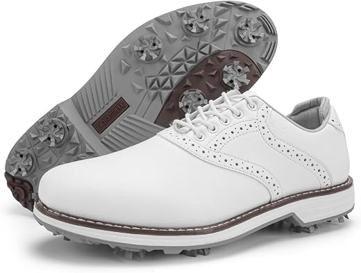 Rhyoam Mens Golf Shoes Spikes Mens Golf Sneakers Outdoor Hiking Shoes for Golfers, 01 white, 12 UK