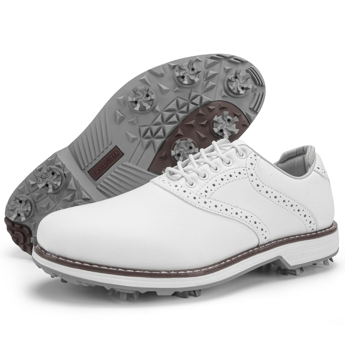 rhyoam Mens Golf Shoes Spikes Mens Golf Sneakers Outdoor Hiking Shoes for Golfers, 01 white, 12 UK-picture-17