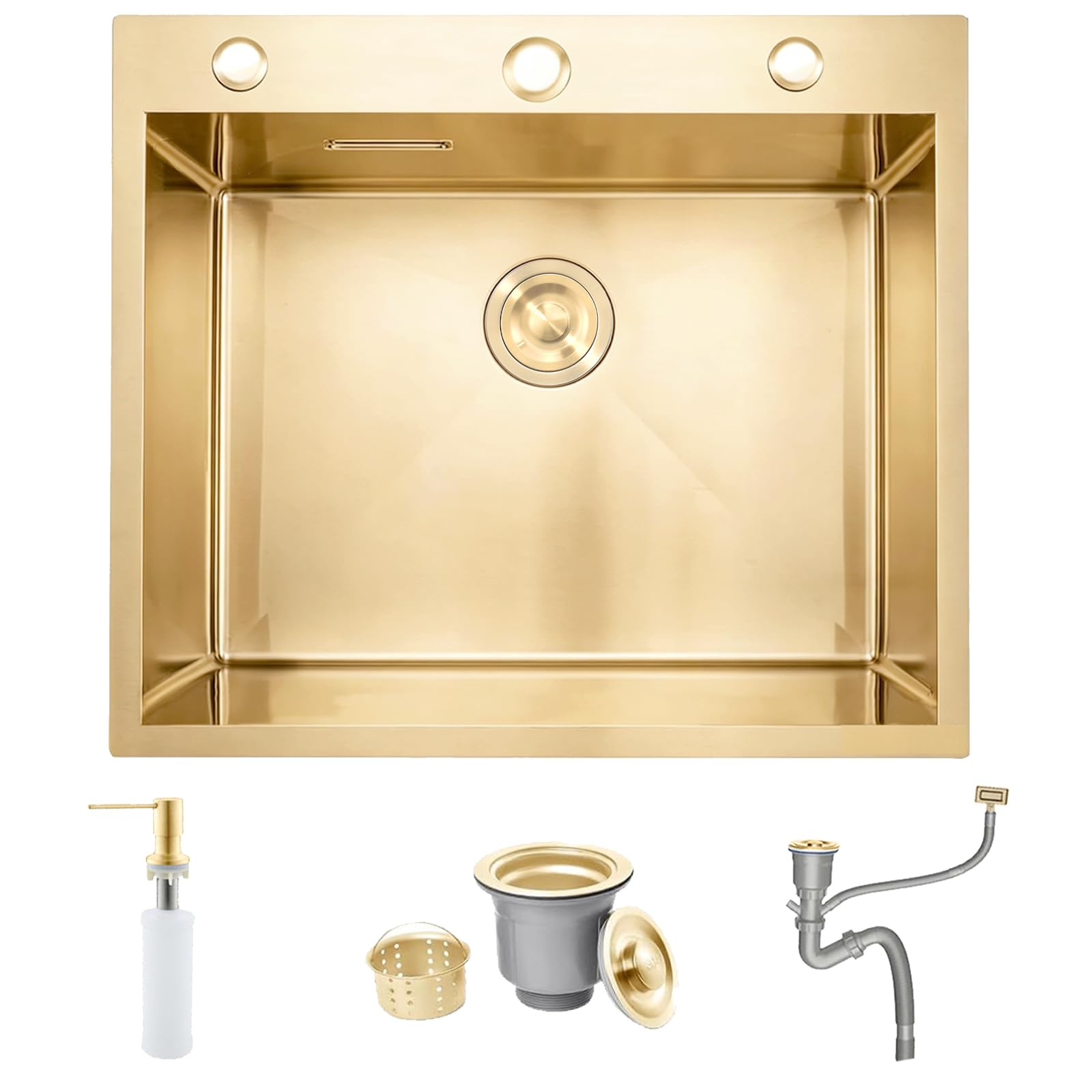 Évier de cuisine, en acier inoxydable 304, 55 x 50 cm, Petit Évier de cuisine, Encastrable, avec 3 Trous Pour Robinet et Trop-Plein, Siphon, Distributeur de Savon, Or Brossé