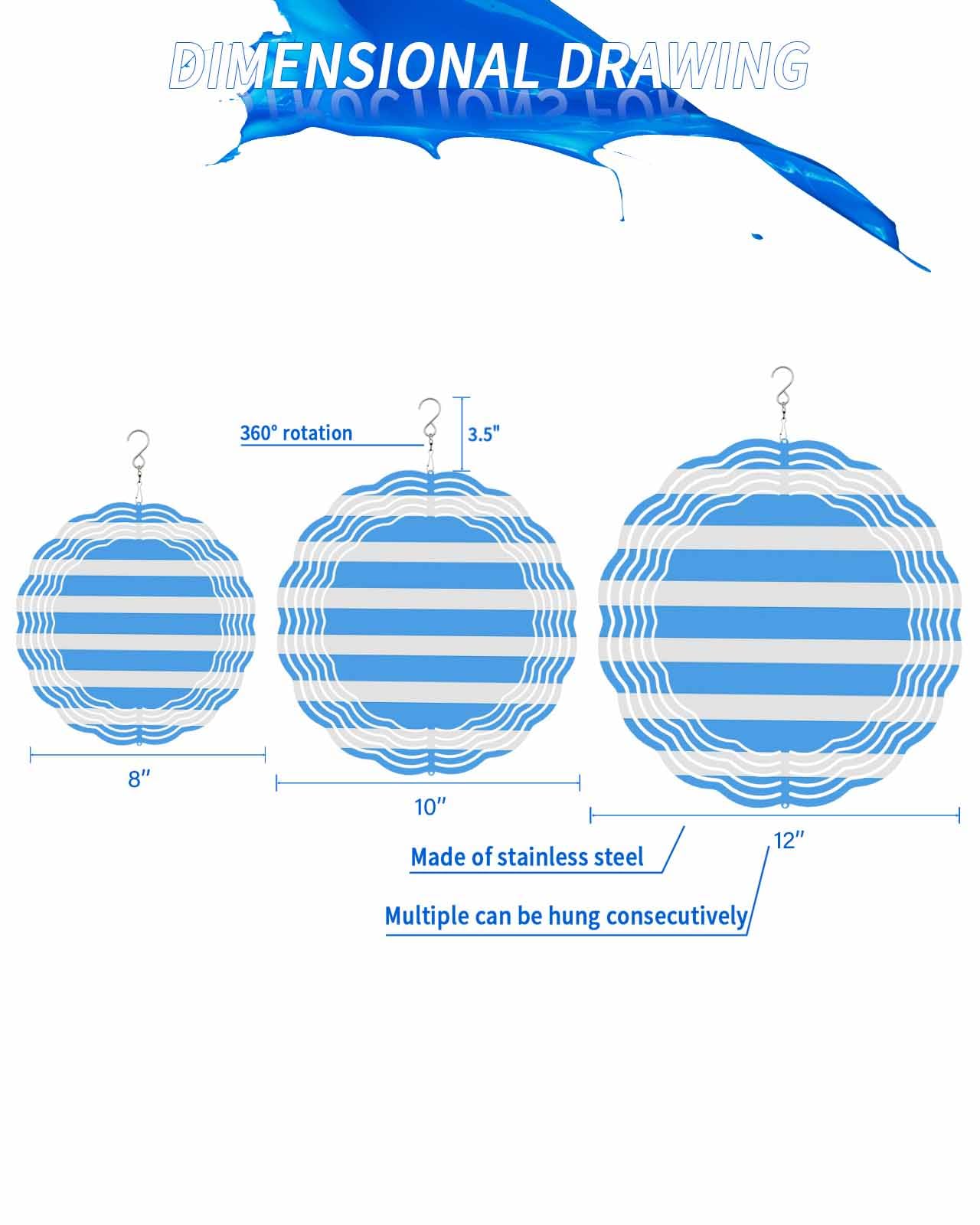 Stripes Wind Spinners, Art Blue Hanging Wind Spinners for Yard and Garden 3D Stainless Steel Metal Sculptures Crafts Ornaments 12 Inch