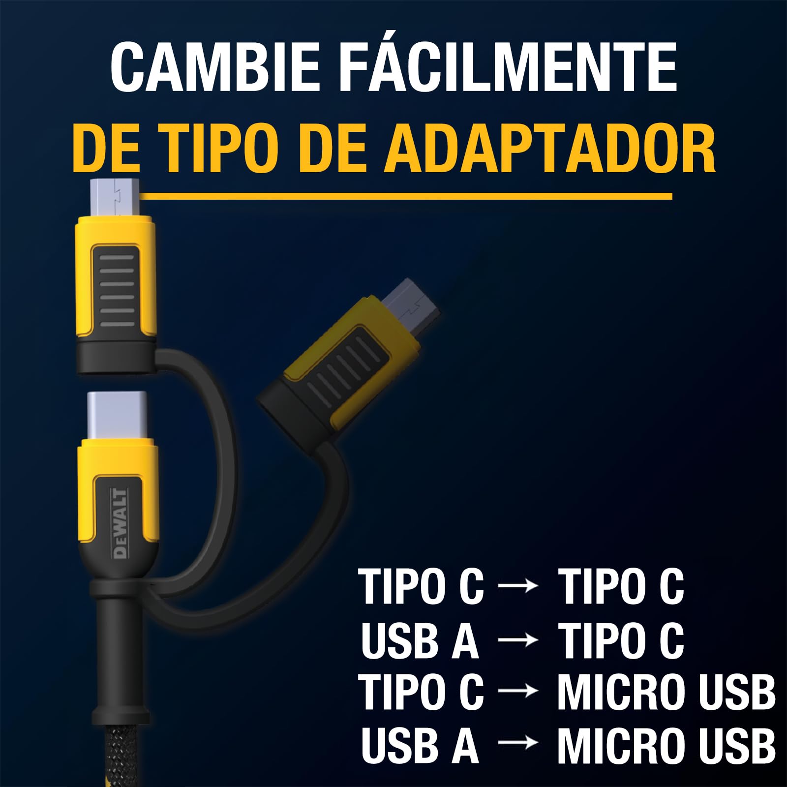 DEWALT Heavy Duty Cable 4-en-1 USB C/Micro USB/USB-A, Cable de Carga para iPhone 17/16/15, iPad, Samsung Galaxy y Android, Cable USB-C Todo en Uno 1,8 m Kevlar (Negro)
