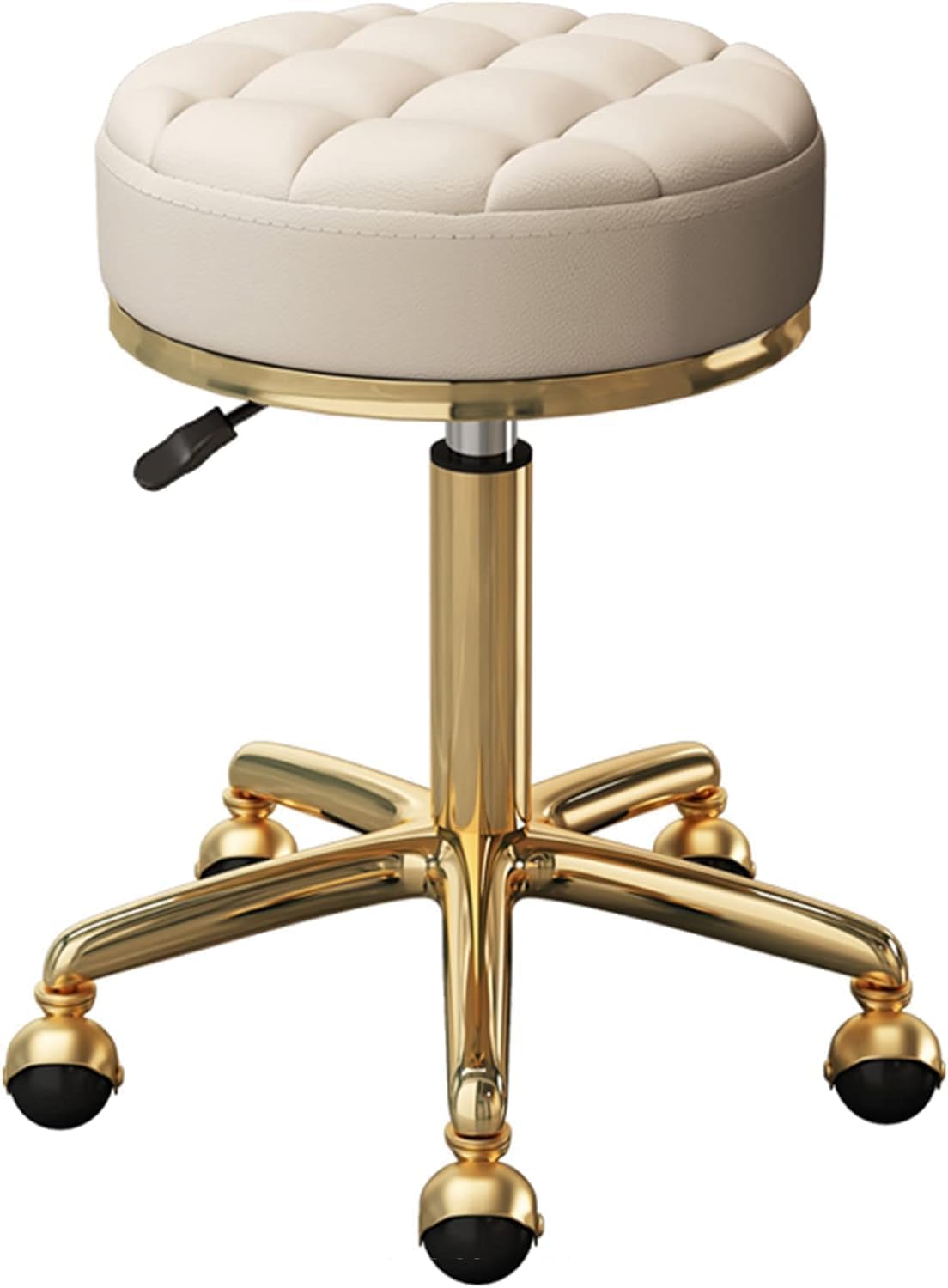 Round Rolling Bar Stool, Beauty Salons White Stool with Gold Chrome 5 Claws and Swivel Wheels, Adjustable(1 Pcs)
