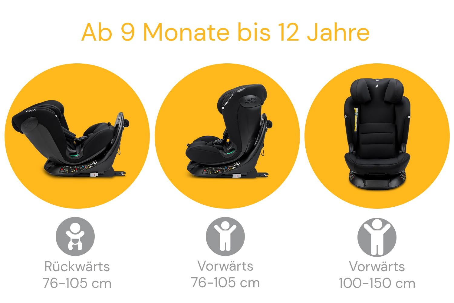 Osann Taos360 midi Kindersitz ab 1 Jahr, Reboarder 360 drehbar - black | 360 Grad drehbarer Kindersitz von 76-150 cm, Reboarder mit Isofix und Top-Tether an der Basis, Kinderautositz. 9-36 kg