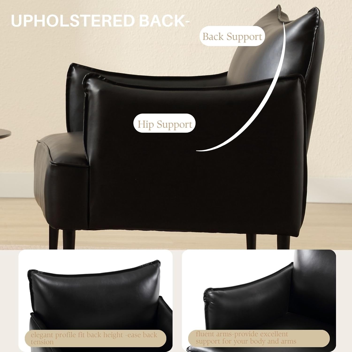 Mid Century Modern Accent Chair Armchair, Black PU Leather Living Room Chair Sofa Lounge Chair with Metal Legs Reading Chair with Armrest for Bedroom Office Apartment