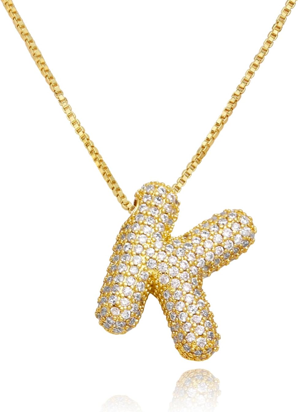 18K Bubble Letter Necklace Gold for Women, Chunky Gold Necklace Rhinestone Initial Necklaces as Birthday Gifts Charm Puff Name Pendant Alphabet Non Tarnish Jewelry