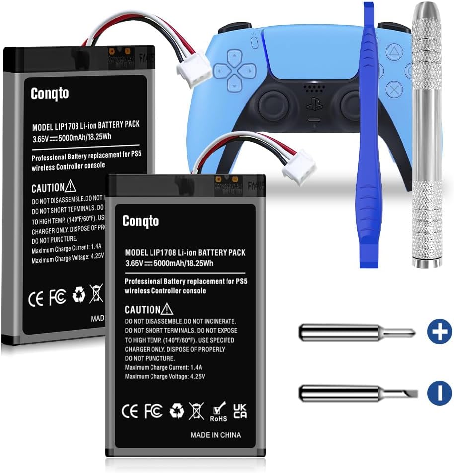 (2 Pack) Battery for PS5 Controller, (5000mAh) 2025 Upgrade High Capacity Battery Replacement for Sony PS5 LIP1708, PlayStation 5 DualSense CFI-ZCT1W Wireless Controller with Repair Tool Kit