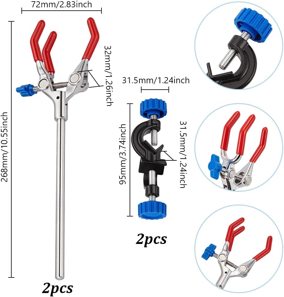 AHANDMAKER Lab Clamp with 3 Prong Finger Lab Stand Clamp Holder Laboratory Stand Clip Tight Reach Extension Clamps and Adjustable Holder for Laboratory Teaching Instrument, 2 Set