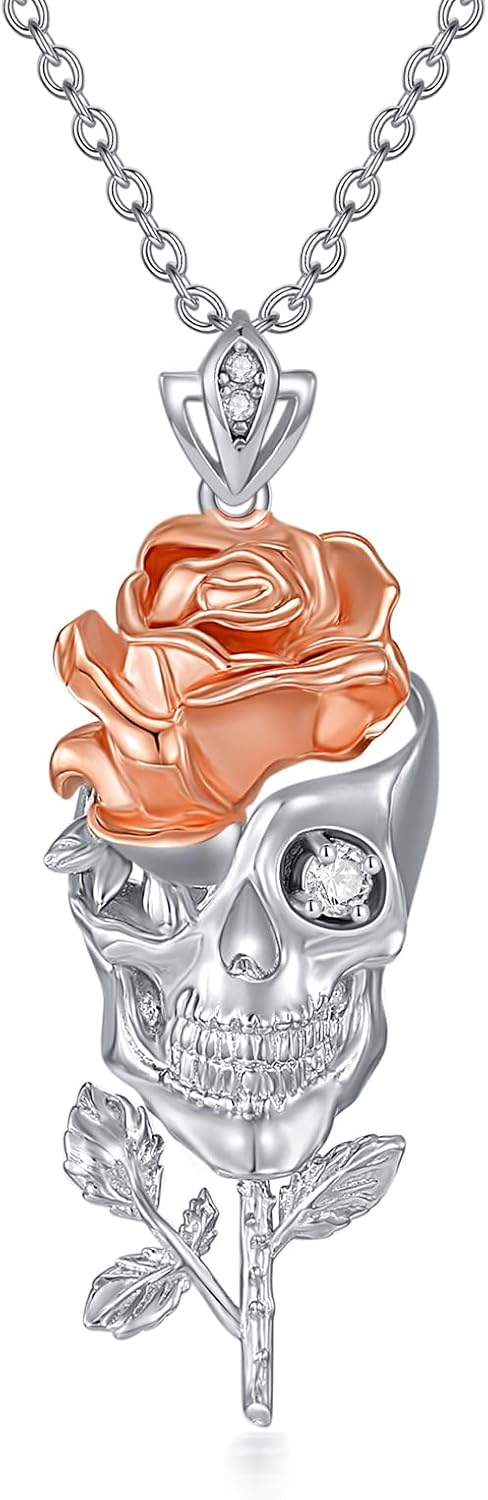 Diamond Skull Rose Necklace 925 Sterling Silver Pendant Necklace Jewelry Gifts for Women Wife Girlfriend