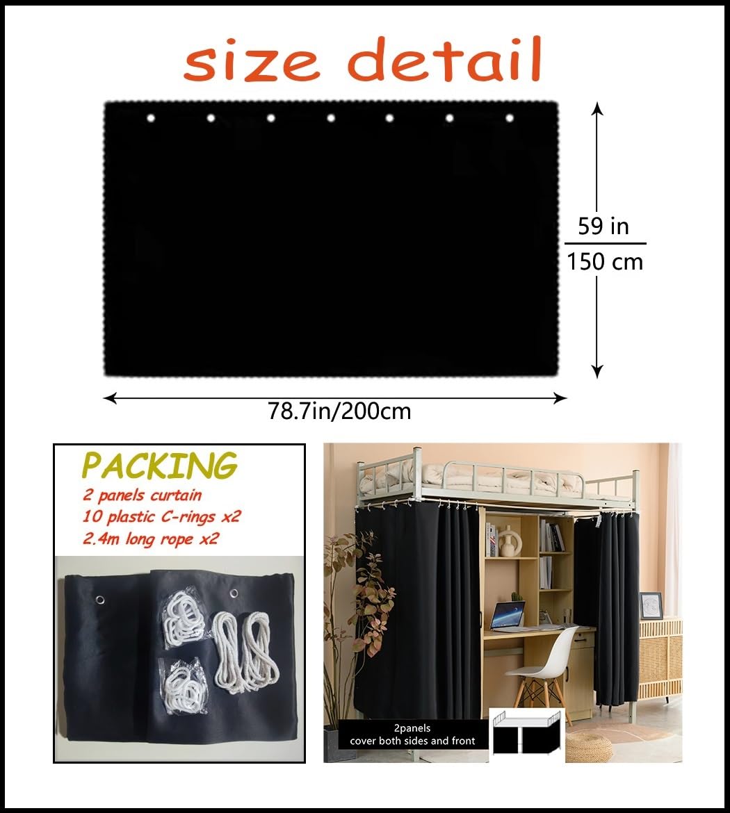 Teanea Heavy-Duty Adult Bunk Bed Blackout Curtains for Bottom Twin Privacy Underbed Curtains for High Loft Bed, 2 Panels, Black 59in
