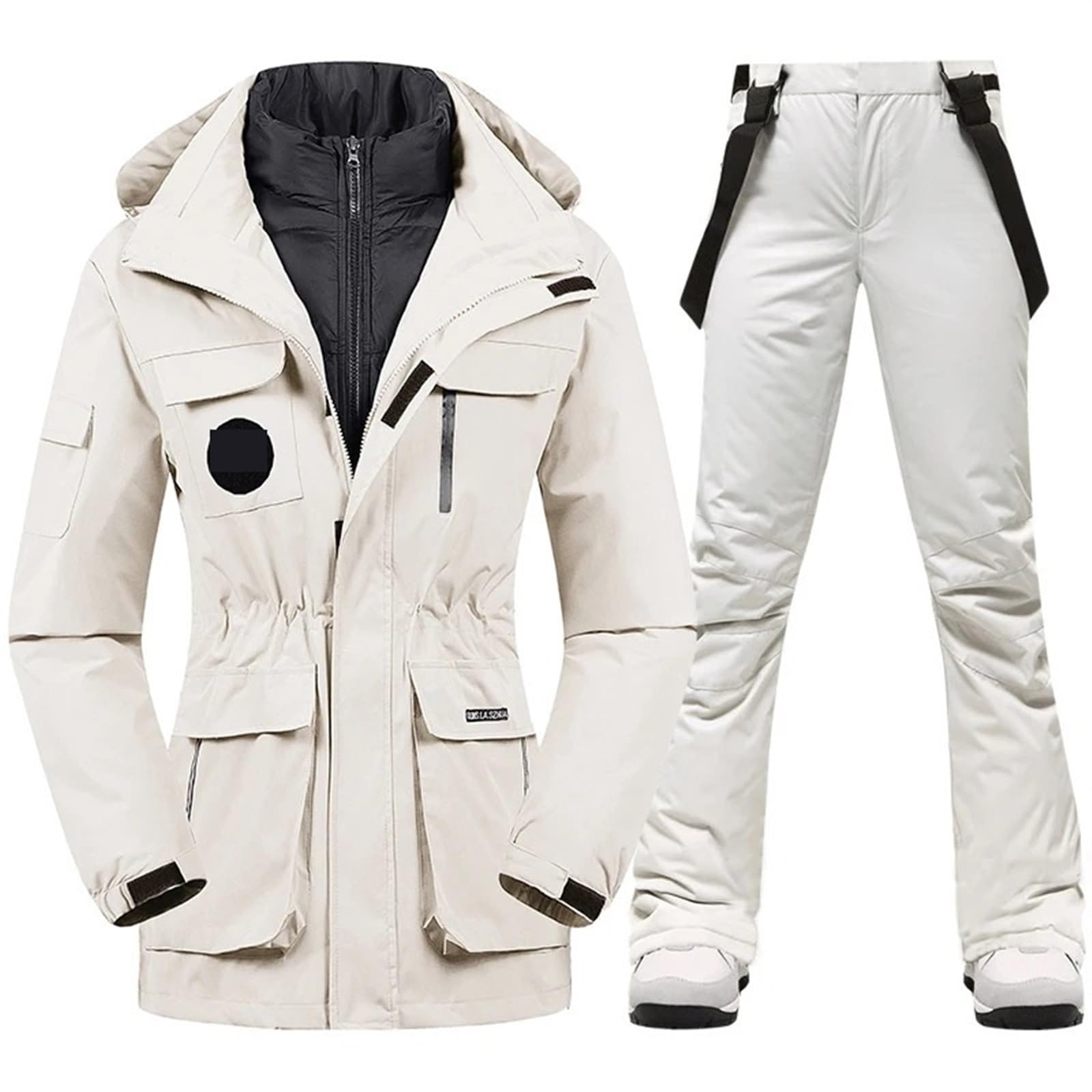 Tuta da Sci Donna Calda Tuta da Sci da Donna Invernale da Neve Piumino e Pantaloni da Esterno Impermeabile Traspirante Abbigliamento da Snowboard Femminile Abiti da Sci((off-White White) Set,Asian S)