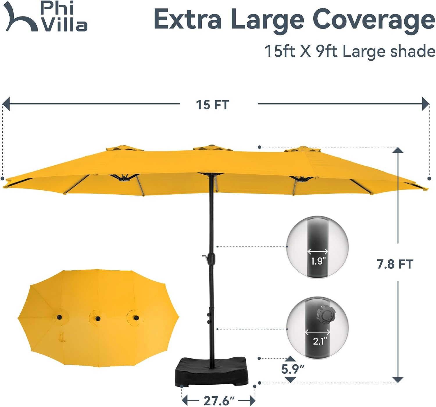 PHI VILLA 15ft Large Patio Umbrellas with Base Included, Outdoor Double-Sided Rectangle Market Umbrella with Stand, Outside Umbrellas for Poolside Lawn Garden, Golden Yellow