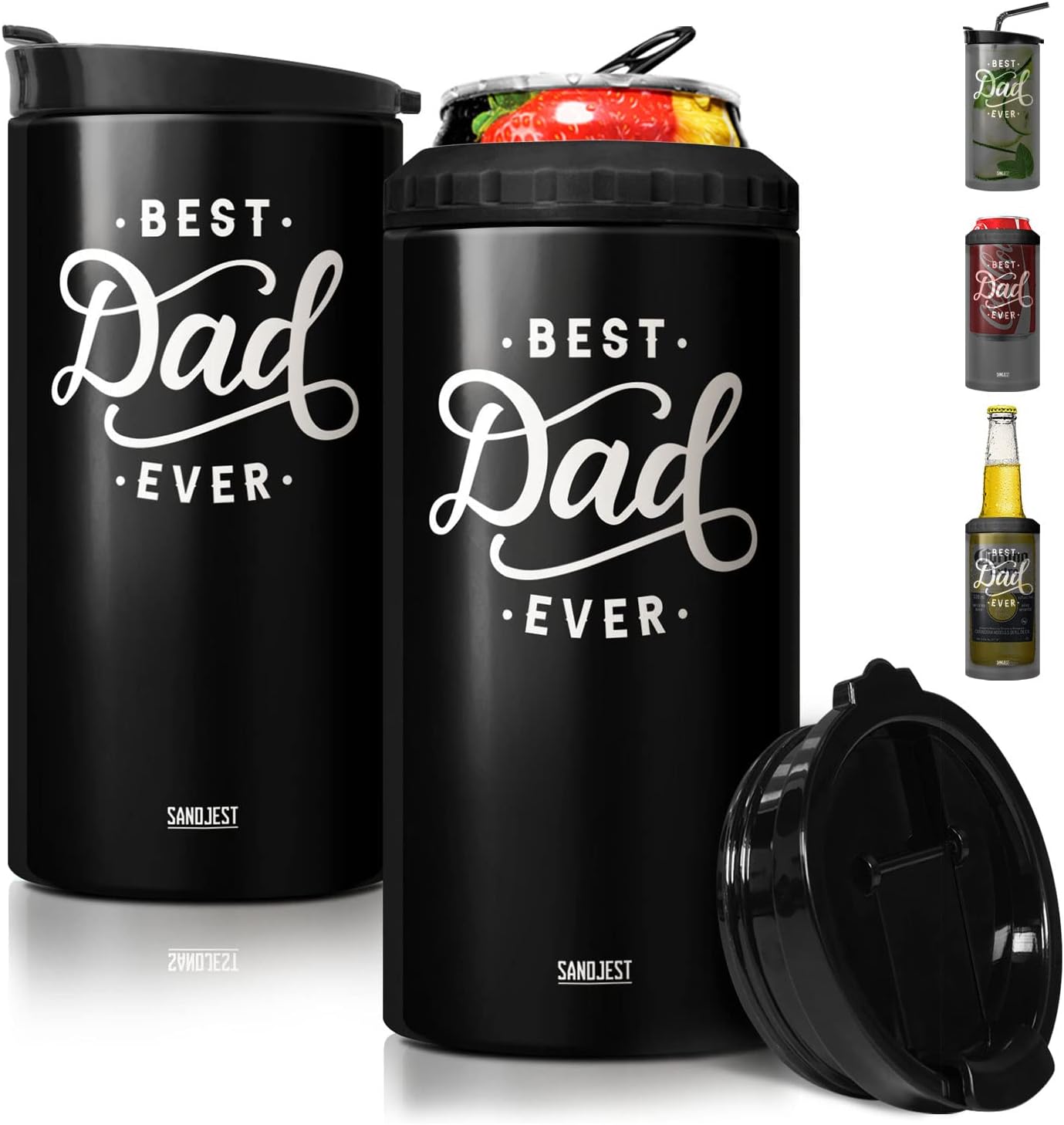 SANDJEST 4-in-1 Best Dad Ever Tumbler Gifts for Dad from Daughter Son - 12oz Dad Can Cooler Tumblers Travel Mug Cup - Stainless Steel Insulated Cans Coozie Christmas, Birthday, Father's Day Gift