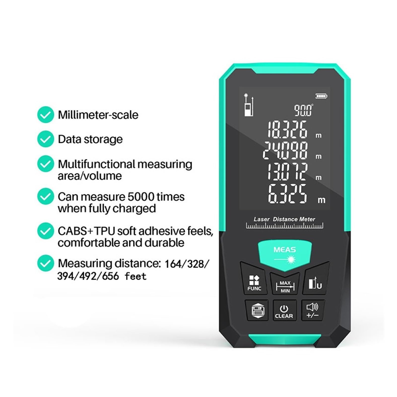 Telémetro, fuente de alimentación verde, múltiples modos de medición, batería M/FT/IN, 5 opciones de rango, dispositivo de medición doméstico, medidor de distancia portátil(50m)