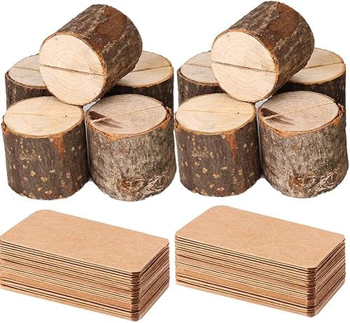 Miniatura 8 de Portatarjetas de madera, 10 soportes rústicos de alta calidad para números de mesa y 20 tarjetas de mesa de papel Kraft, soportes de madera para