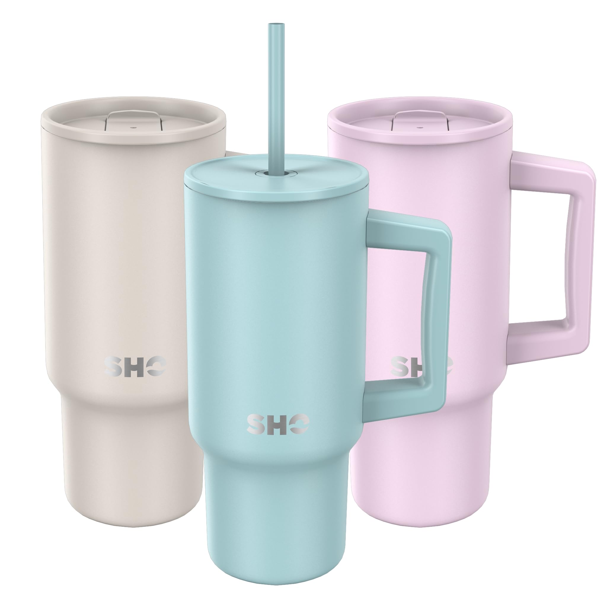 SHO XL Tumbler, Insulated Stainless Steel Reusable Water Bottle Iced Coffee Travel Mug with Handle, Straw Lid & Slider Lid