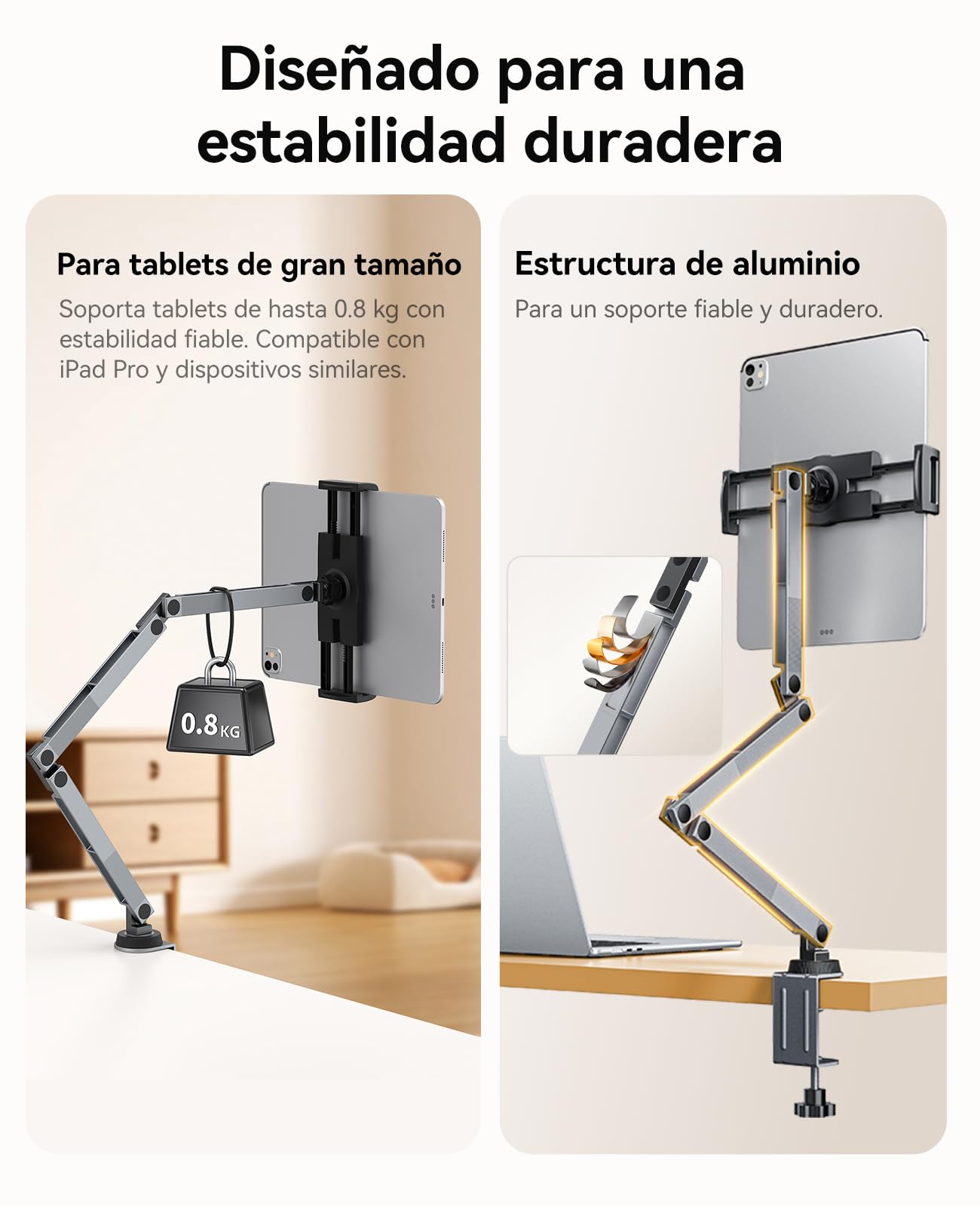 ORICO Soporte para Tablet con hub USB Integrado, Brazo Ajustable de Aluminio para iPad Pro/Air/Mini, Galaxy Tab y Tablets hasta 12,9", teletrabajo y creación de Contenido – RA1-3P, Gris