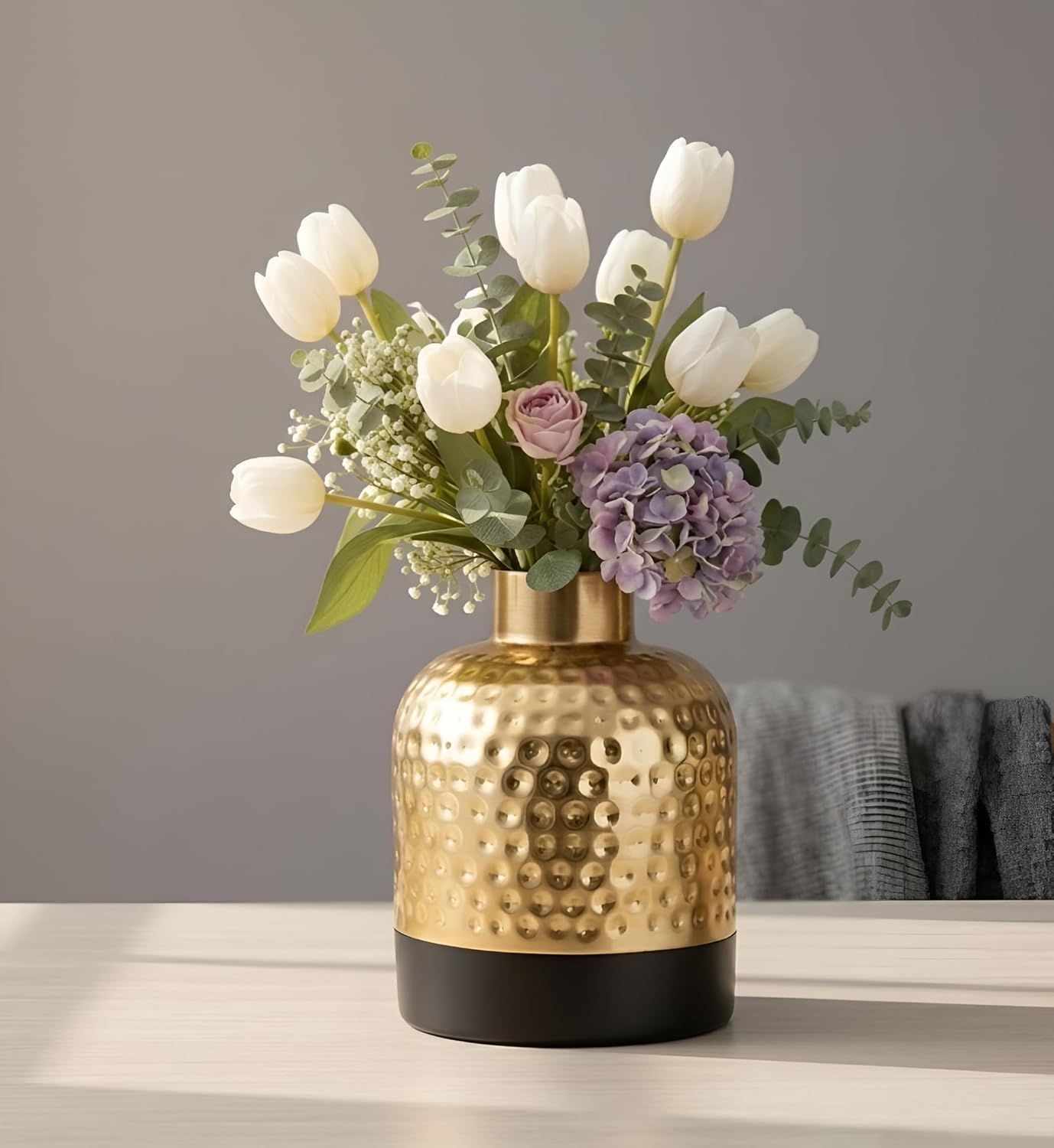 Hammered Golden Metal Flower Vase (7 Inch) | Decorative Gold Vase with Matte Black Base | Tabletop Flower Pot for Living Room, Bedroom, Office | Modern Home Decor Showpiece-image-15