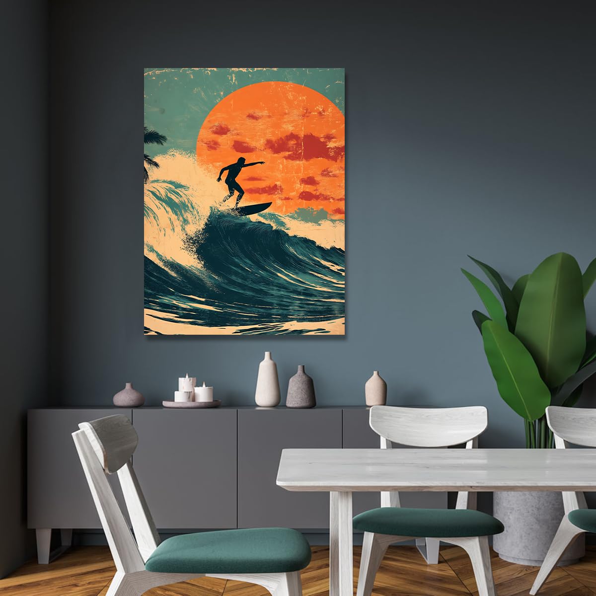 UIRINGART Surfing Sunset Canvas Wall Art Ocean Waves Prints Pictures Beach Coast Pictures Sea Krajobrazy Nostalgiczny Vintage Wystrój biurowy Sztuka 40 x 60 cm