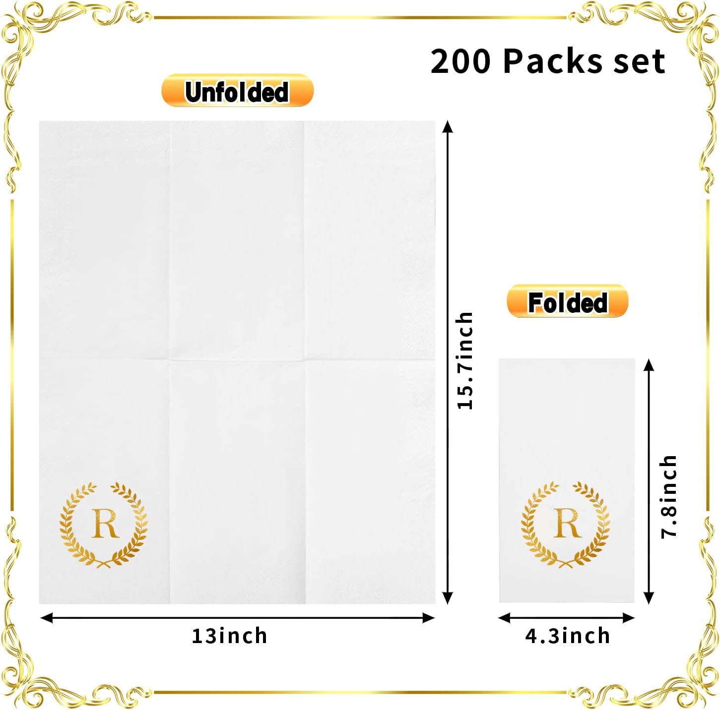 200 Pack Monogrammed Disposable Napkins Gold Foil Letter R Guest Napkins Initial Disposable Hand Paper Towels for Wedding Engagement Baby Shower Party Home Kitchen Bathroom Dinner Decorative Towels
