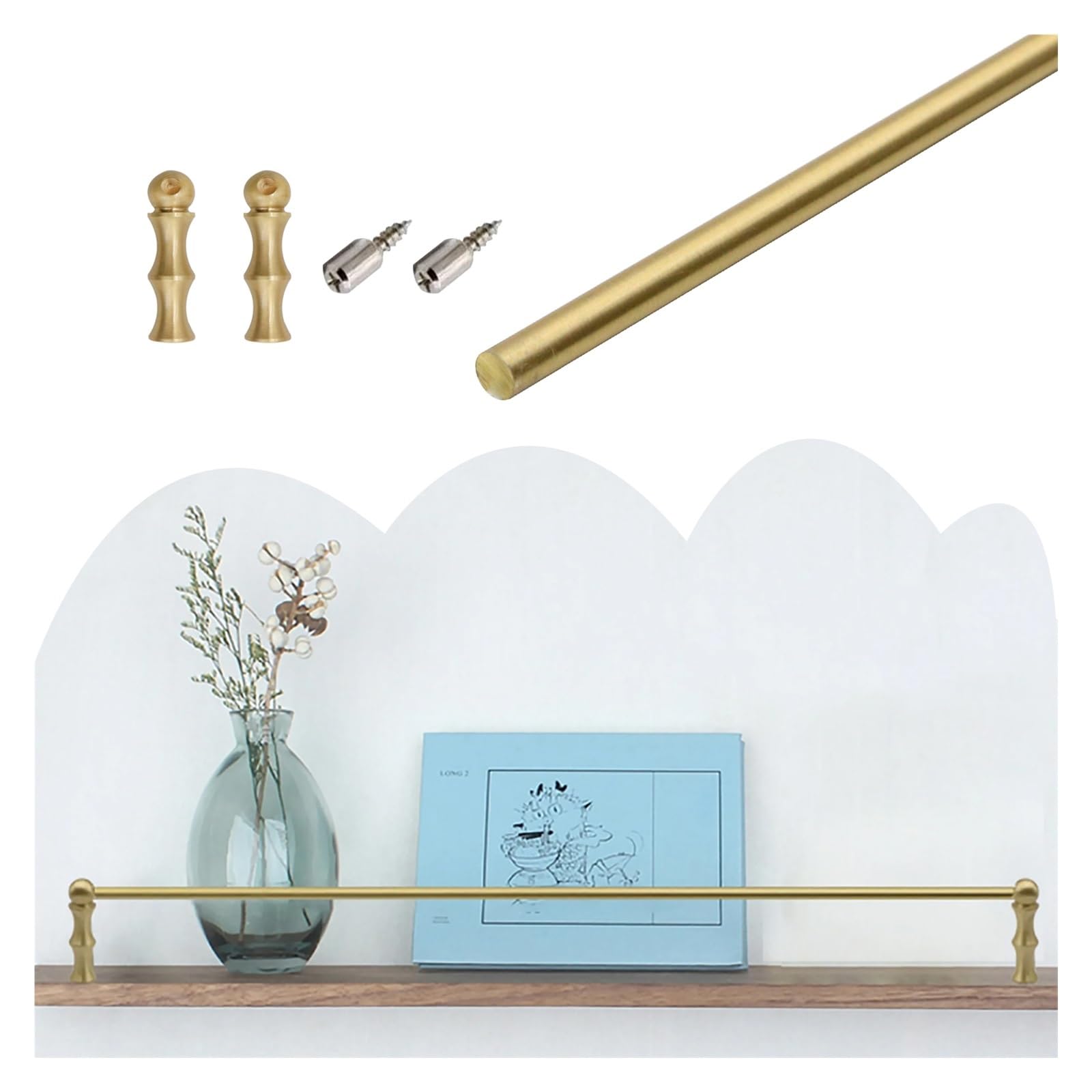 Peynir Brass Shelf Guard Rail Fence Set For Bookshelf, Solid Shelf Retention Bar Custom Length, Cabinet Decor Shelf Railing Fence Set With 2 Spindles(128Cm/50.4In)