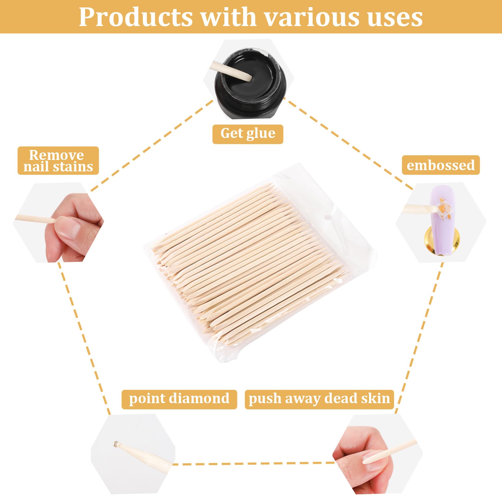 Lot de 100 bâtonnets en bois de rose - Outils de manucure professionnels - Bâtonnets à cuticules en bois d'oranger - Pour outil professionnel - Avec taille-crayon et côté plat