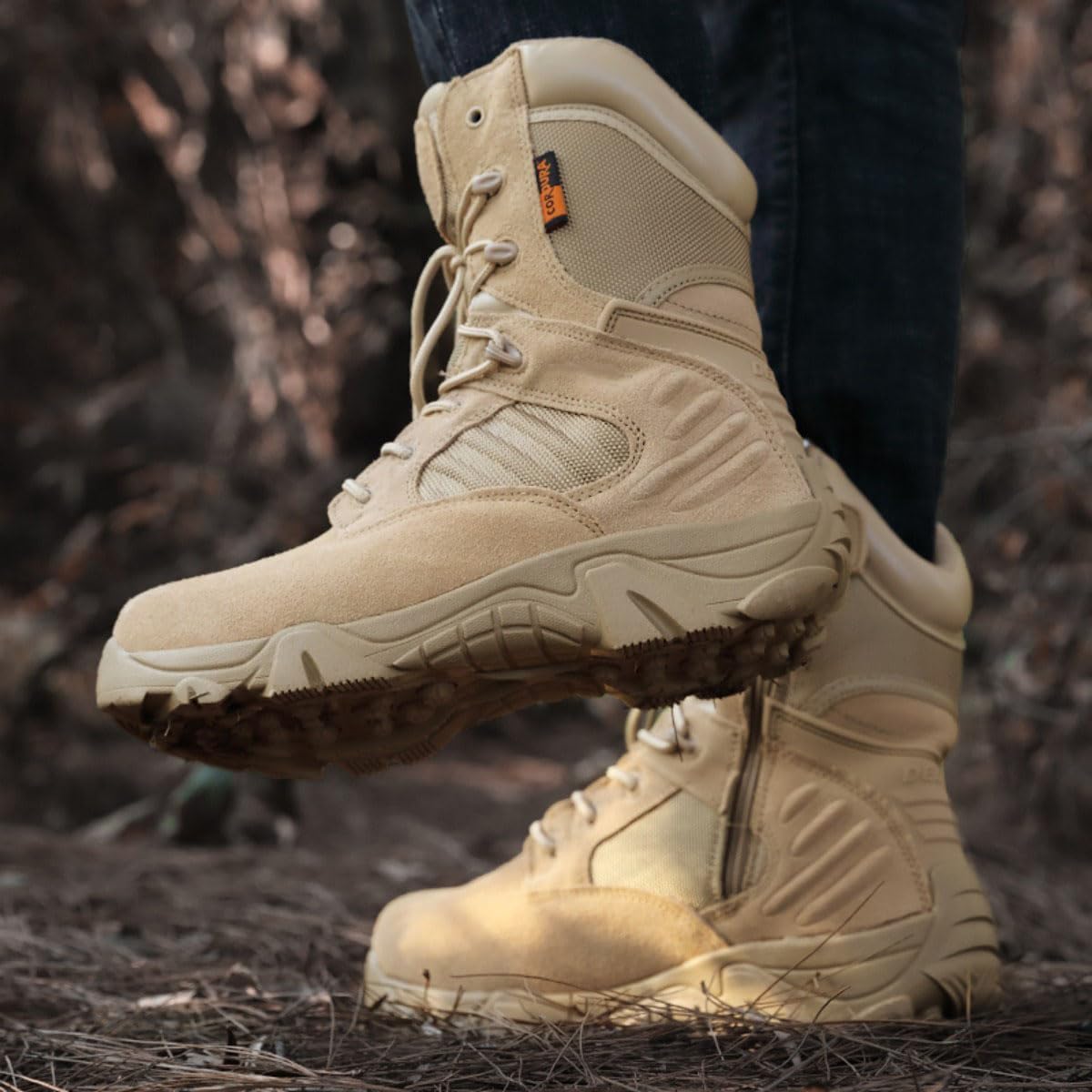 EinPlus Men's Tactical Ankle Boots: Side Zipper Military Work Boots, Hook & Loop Closure