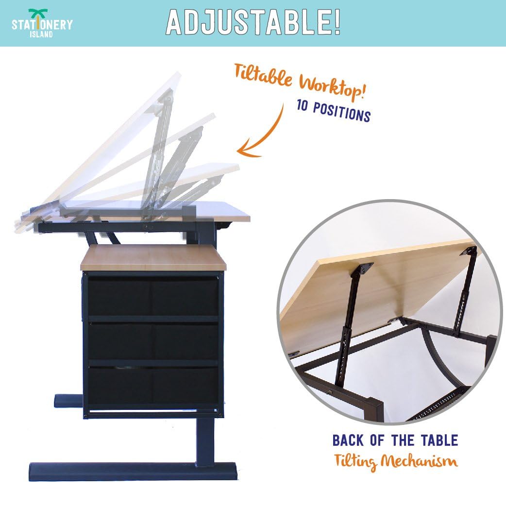 STATIONERY ISLAND Caye Table à Dessin pour l'art et l'Artisanat – Bureau à Dessin Inclinable avec Rangement, Tabouret et Pinces