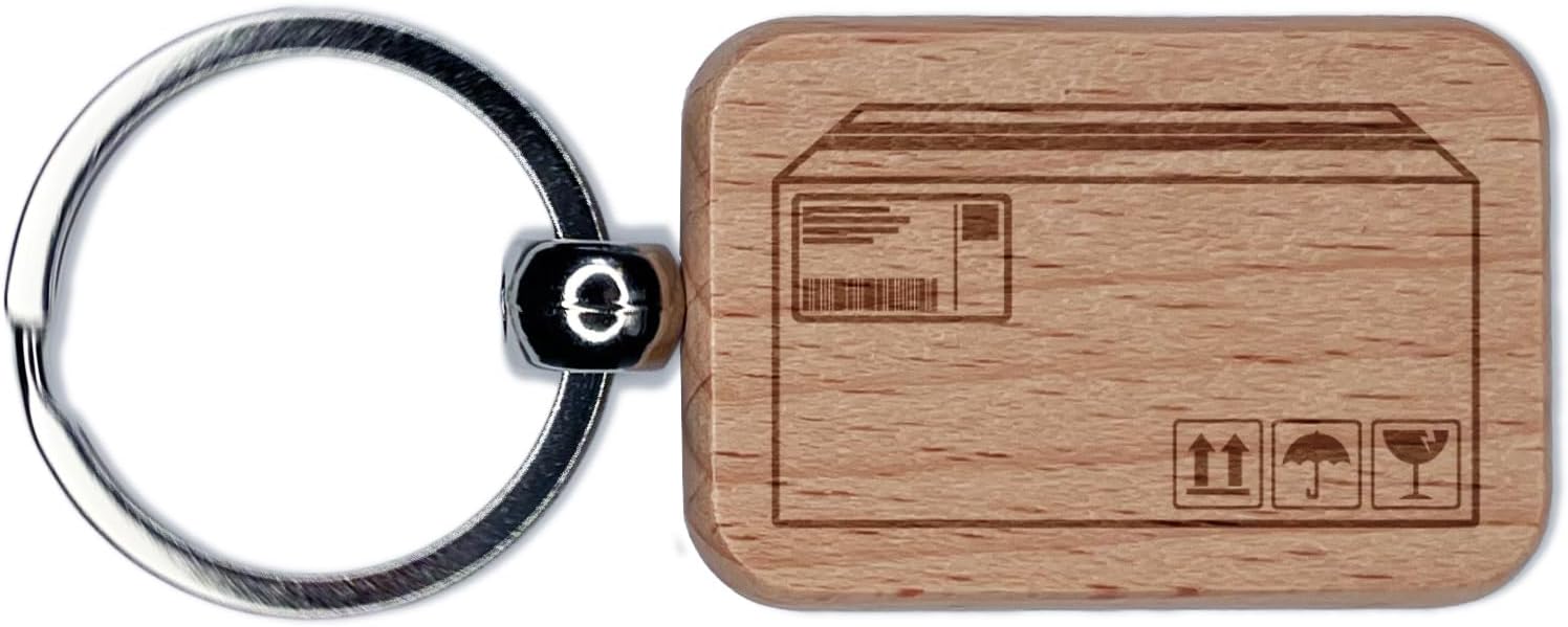 Shipping Package Box Mail Parcel Engraved Wood Rectangle Keychain Tag Charm
