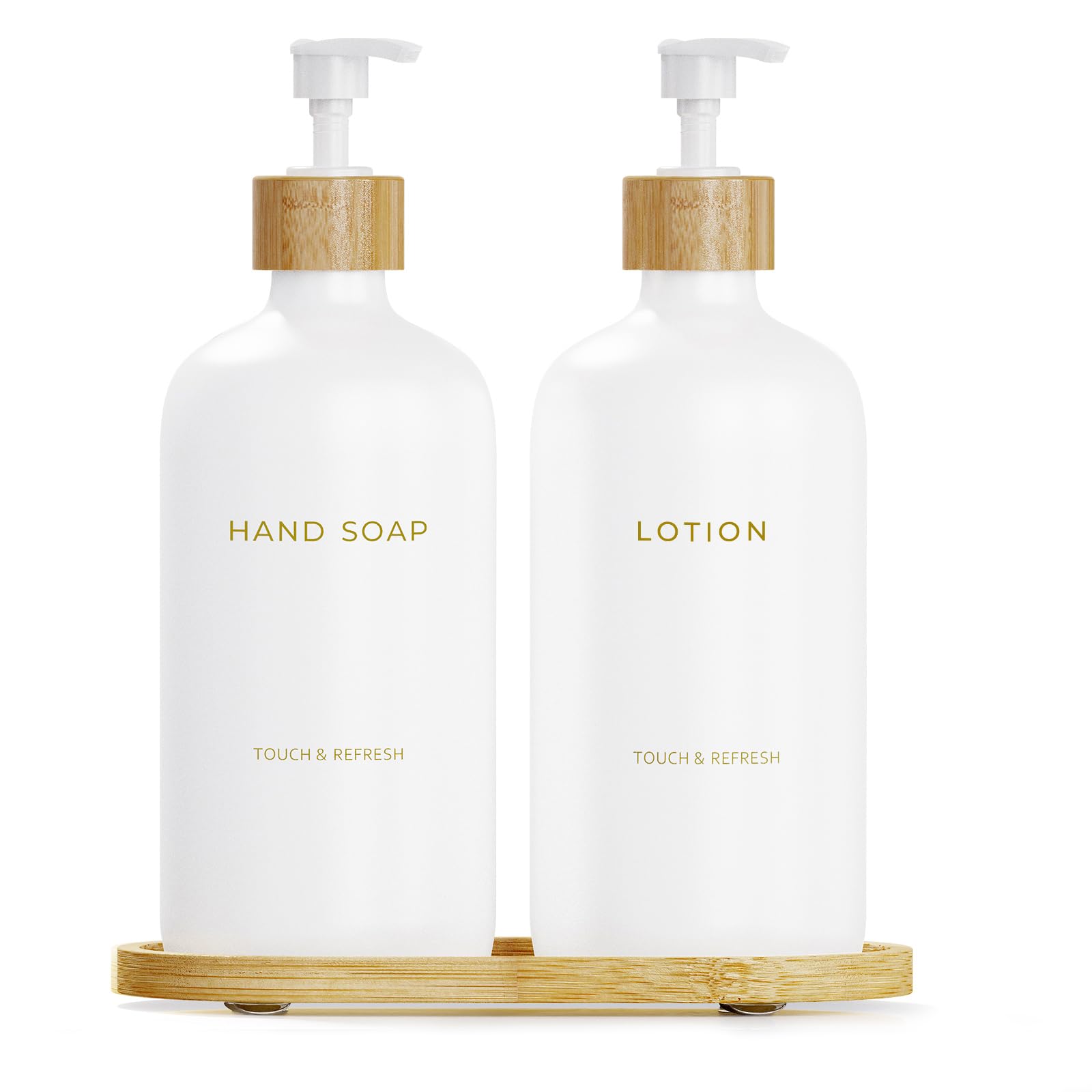 Soap and Lotion Dispenser Set with Tray - Hand Soap Dispenser Bathroom Set - Glass Bottles with Pump - Bamboo Home Accessories & Modern Bathroom Decor for Airbnb (White Sl)