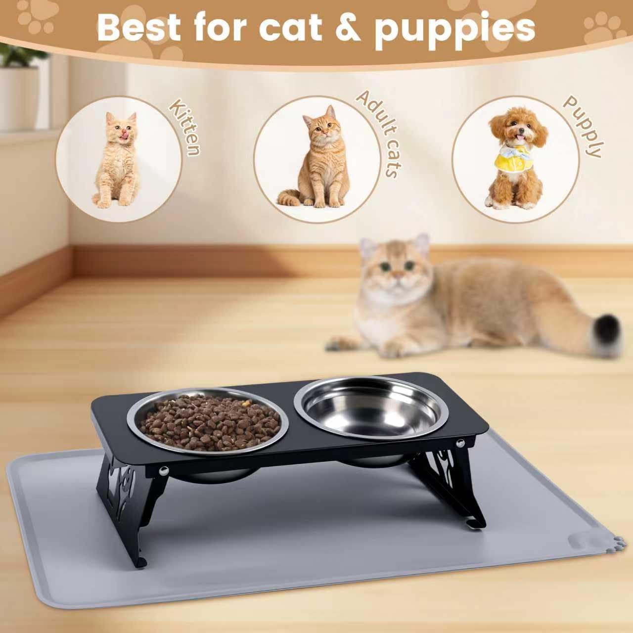 Elevated Cat Bowls with Food Mat,10° Tilted Anti-Vomiting Raised Cat Food Bowl for Small Cats and Puppies, Foldable 2 Stainless Steel Pet Bowl with Stand-Black